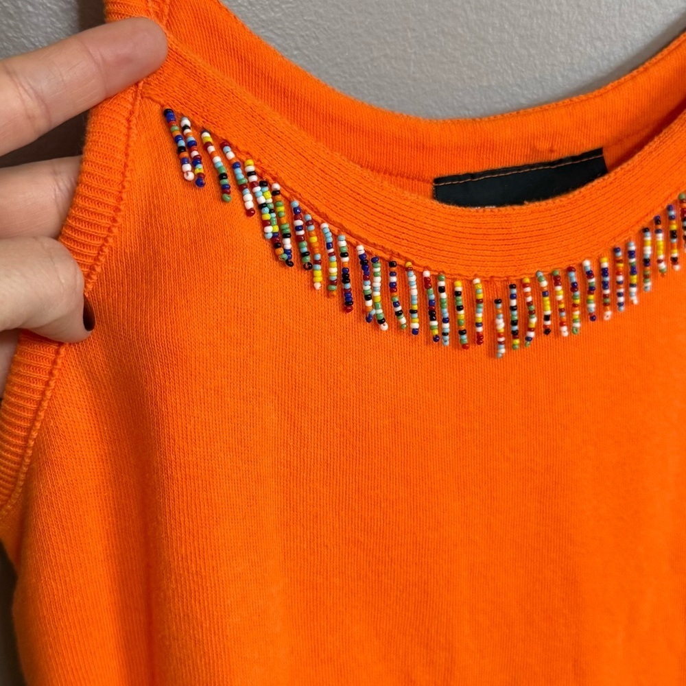 Y2K No Boundaries Orange Knit Festival Tank Top Beaded Tassel Neckline Large - Picture 2 of 5